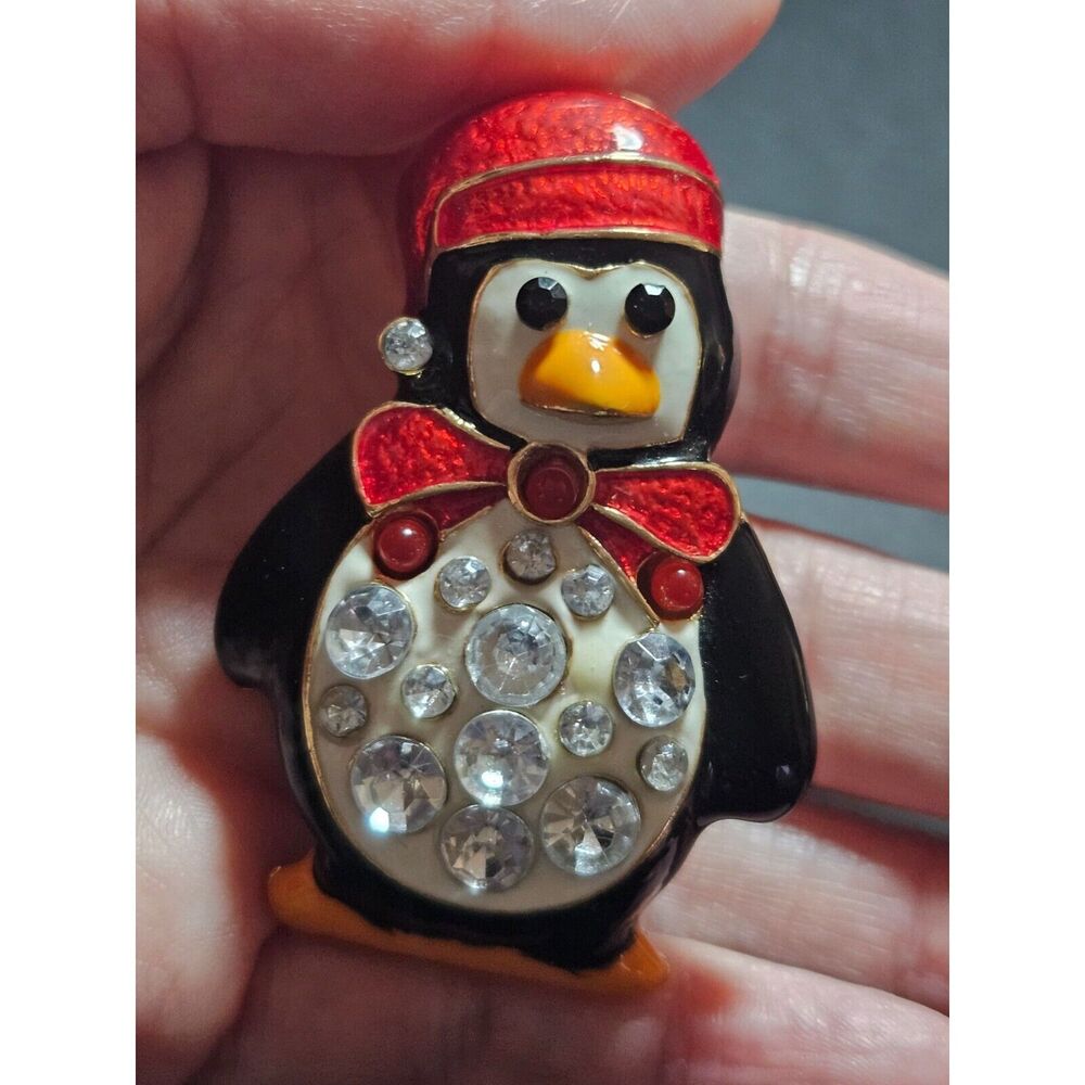 Black, red and white light up penguin brooch